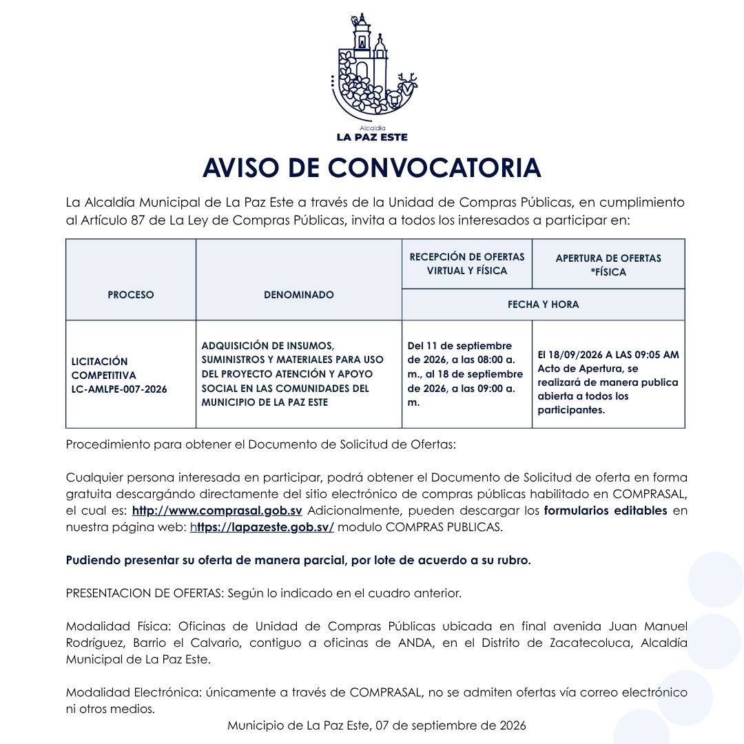 Vista previa de ADQUISICIÓN DE INSUMOS, SUMINISTROS Y MATERIALES PARA USO DEL PROYECTO ATENCIÓN Y APOYO SOCIAL EN LAS COMUNIDADES DEL MUNICIPIO DE LA PAZ ESTE