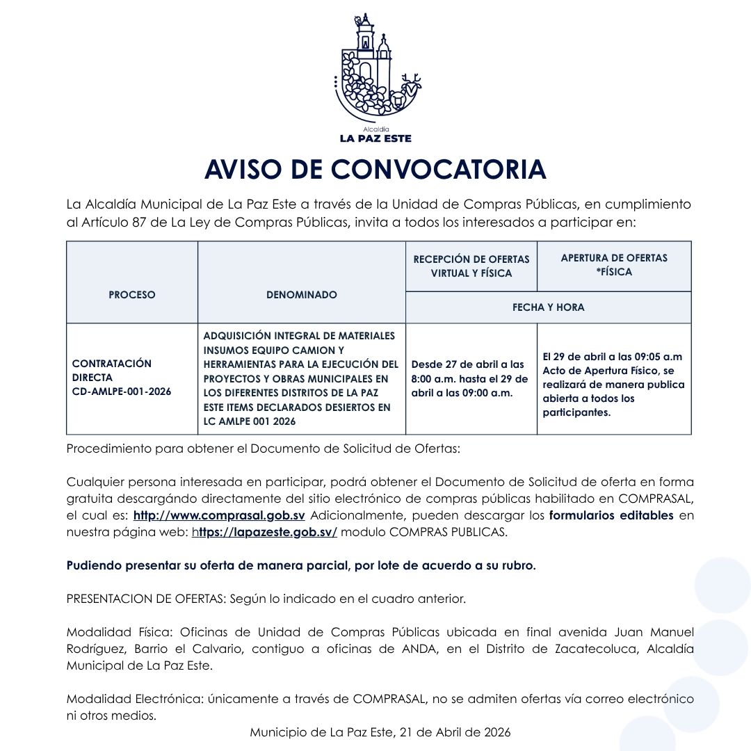 Vista previa de ADQUISICIÓN INTEGRAL DE MATERIALES INSUMOS EQUIPO CAMION Y HERRAMIENTAS PARA LA EJECUCIÓN DEL PROYECTOS Y OBRAS MUNICIPALES EN LOS DIFERENTES DISTRITOS DE LA PAZ ESTE ITEMS DECLARADOS DESIERTOS EN LC AMLPE 001 2026