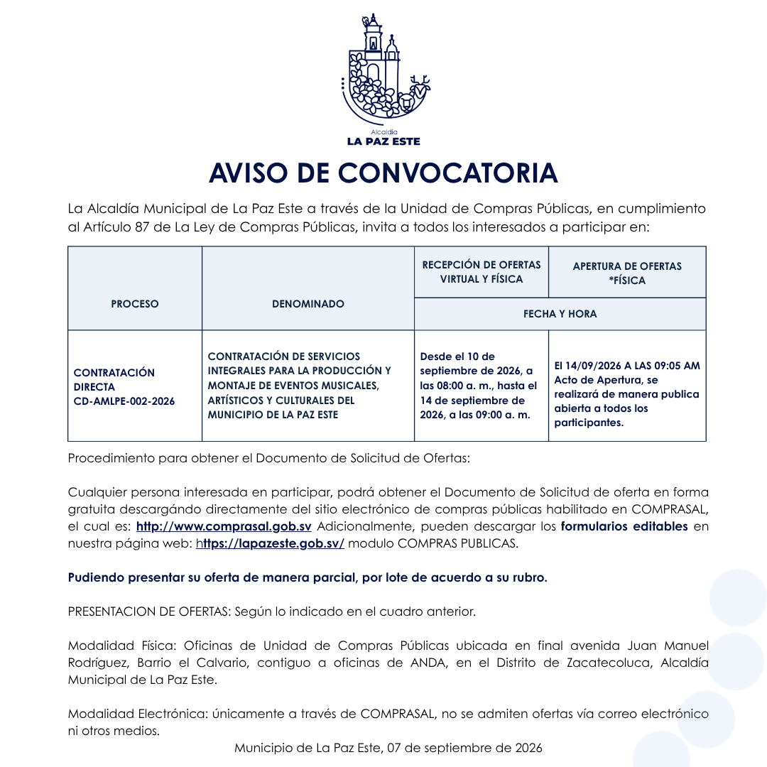 Vista previa de CONTRATACIÓN DE SERVICIOS INTEGRALES PARA LA PRODUCCIÓN Y MONTAJE DE EVENTOS MUSICALES, ARTÍSTICOS Y CULTURALES DEL MUNICIPIO DE LA PAZ ESTE”
